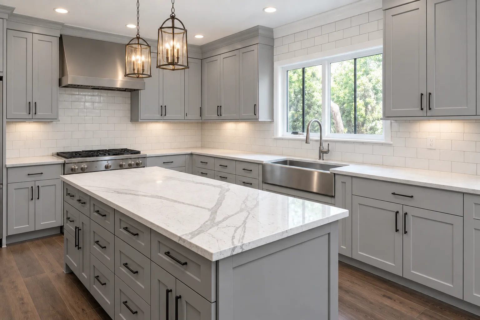 Finished kitchen with cabinets, countertops, and flooring by Westpeak Construction in Orange County